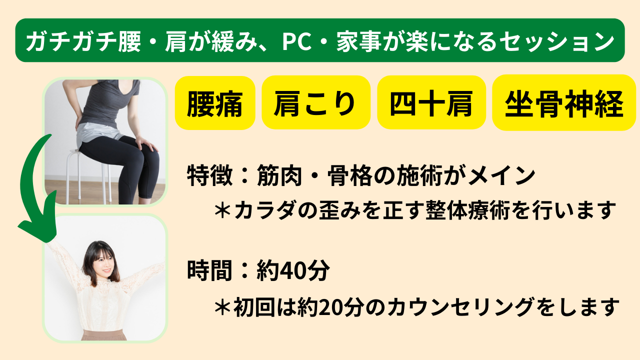 肩こり・腰痛などに対して筋肉・骨格を調整する整体療術を行うセッションです。