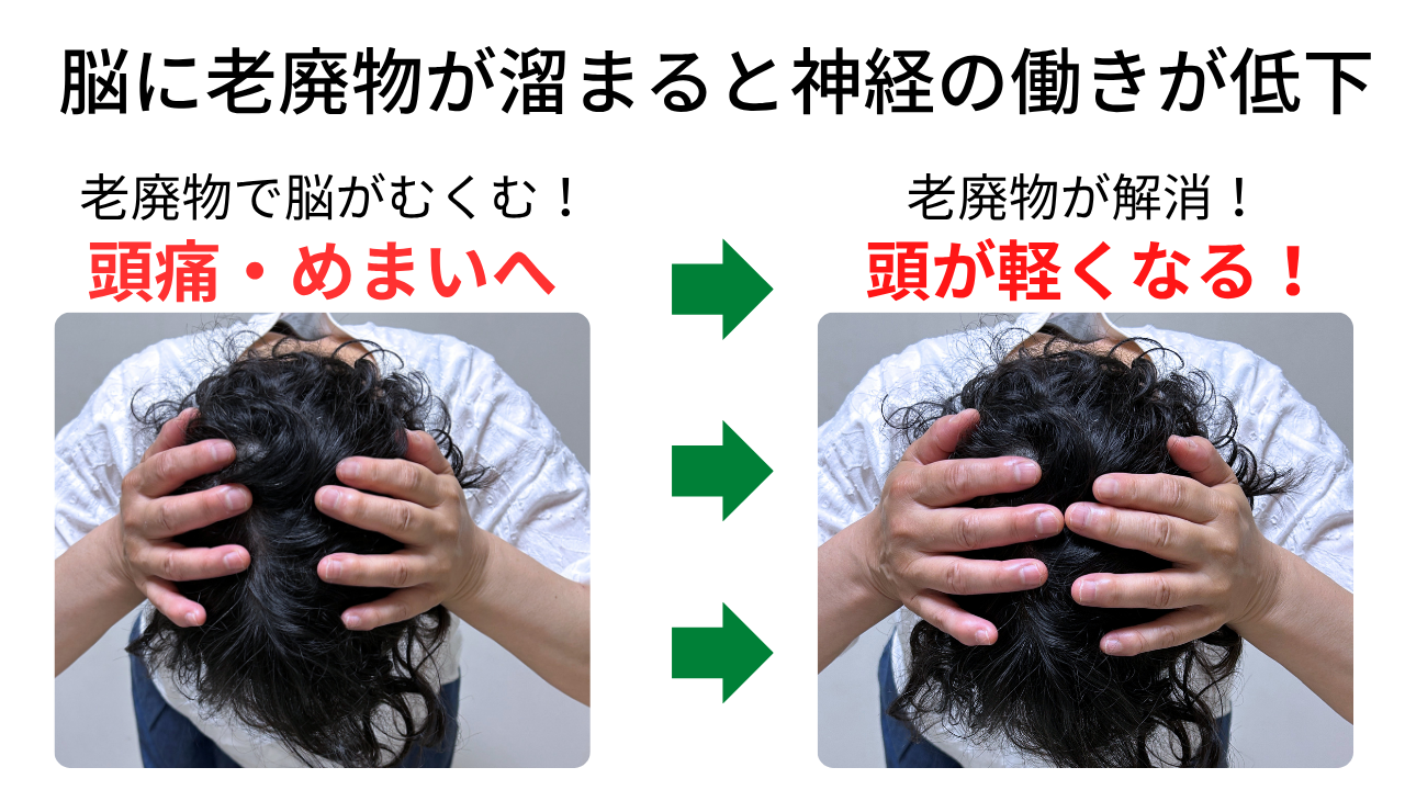 脳に老廃物が溜まると神経の働きが低下します。老廃物で脳がむくみ、頭痛・めまい・不眠へ。老廃物がしっかり処理されると頭がスッキリ軽くなります!