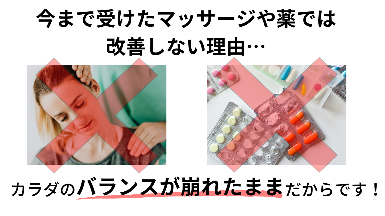 今まで受けたマッサージや薬では改善しない理由は、カラダのバランスが崩れたままだからです!